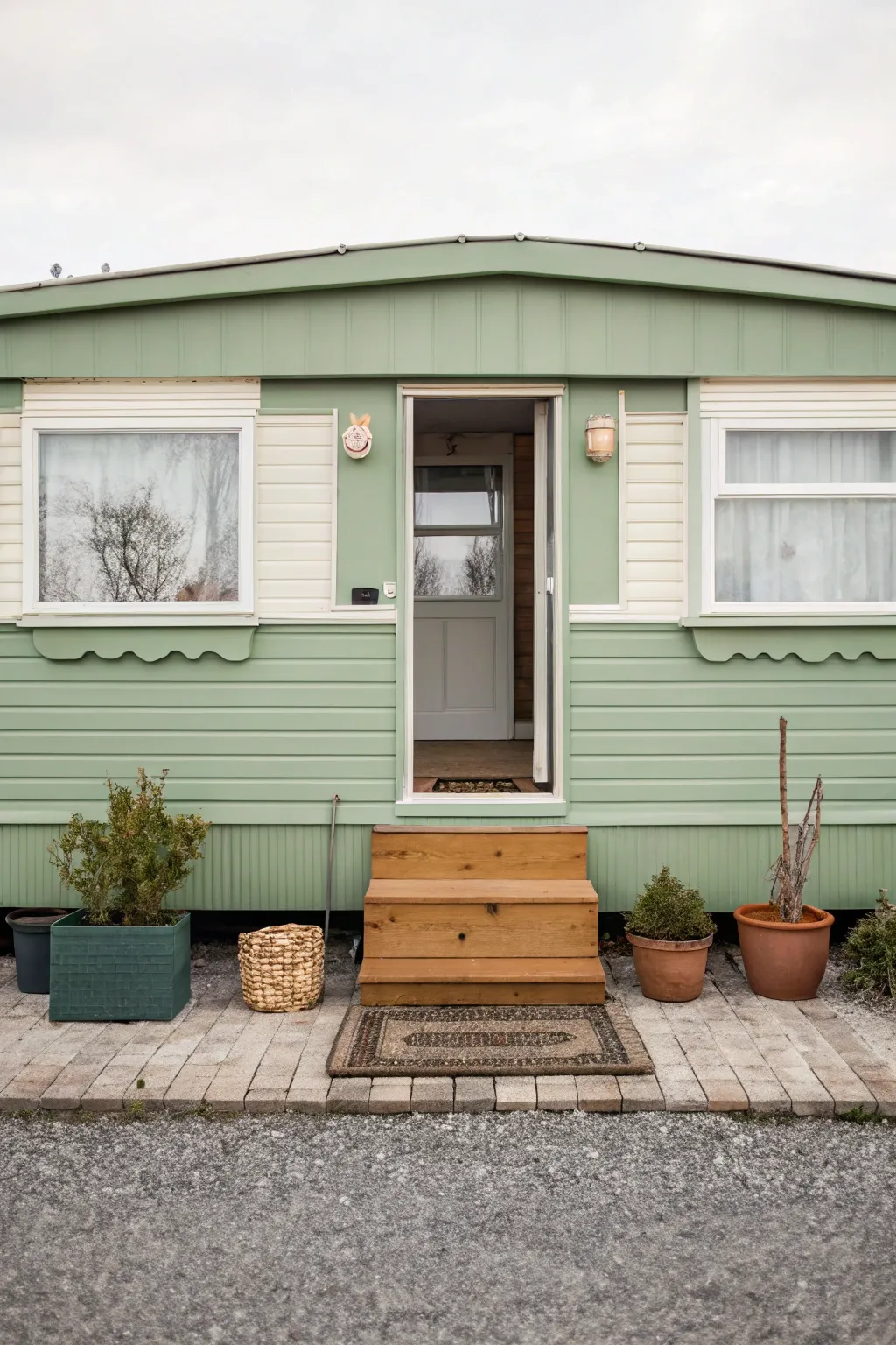 Sage green mobile home with creamy trim, soft contrast and cozy curb appeal in a minimalist look