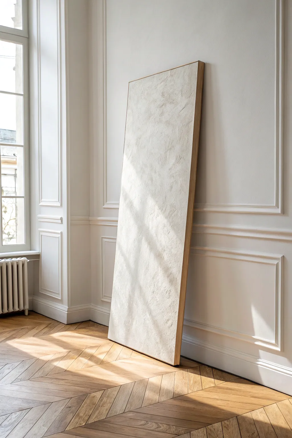 Oversized vertical abstract canvas with soft gradients and sweeping marks for a modern entryway
