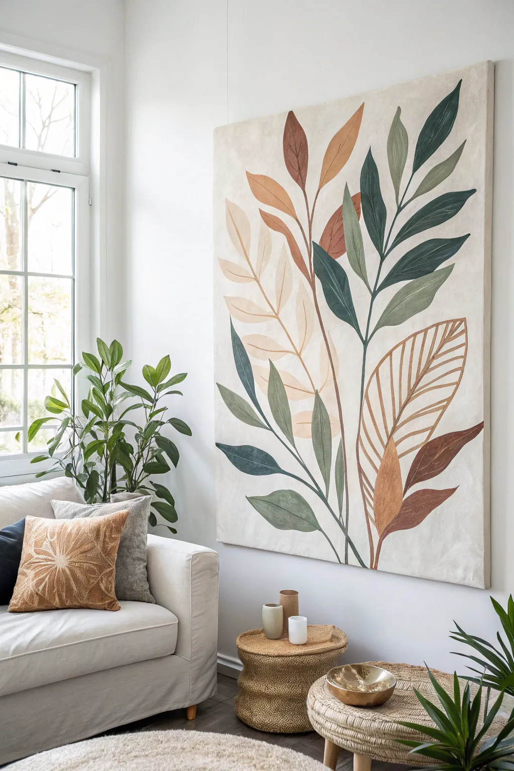 Soft leaf silhouettes in modern muted tones bring calm Scandinavian boho elegance to a living room.