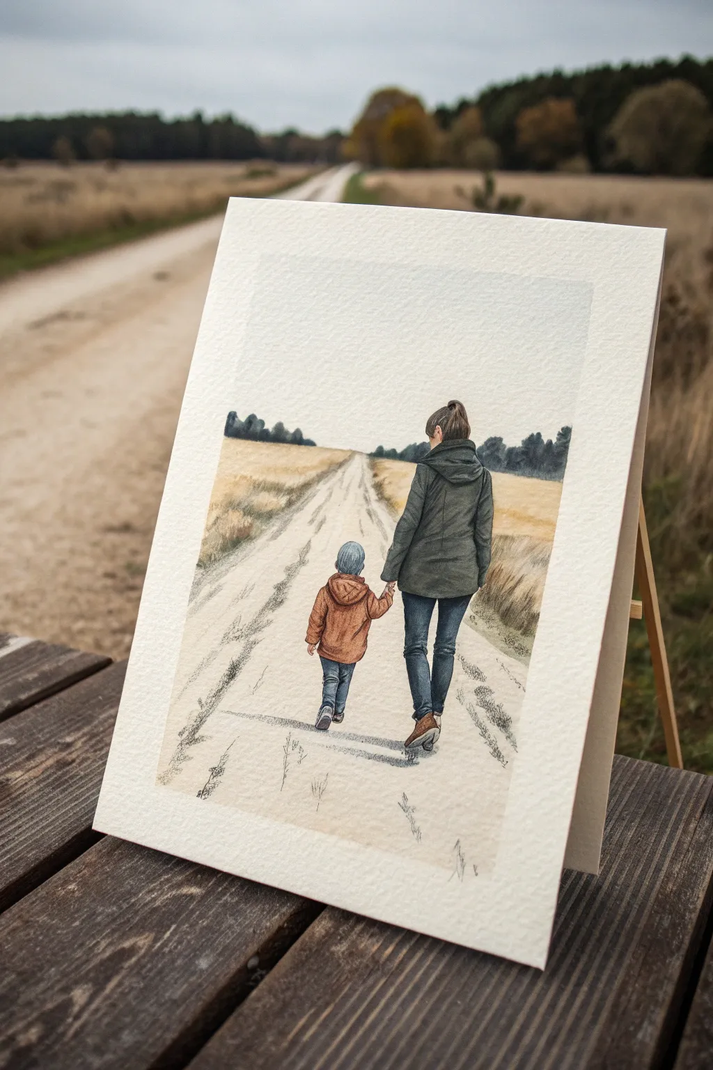 Minimal mom and son back-view walk painting idea with calm trees and soft boho neutrals