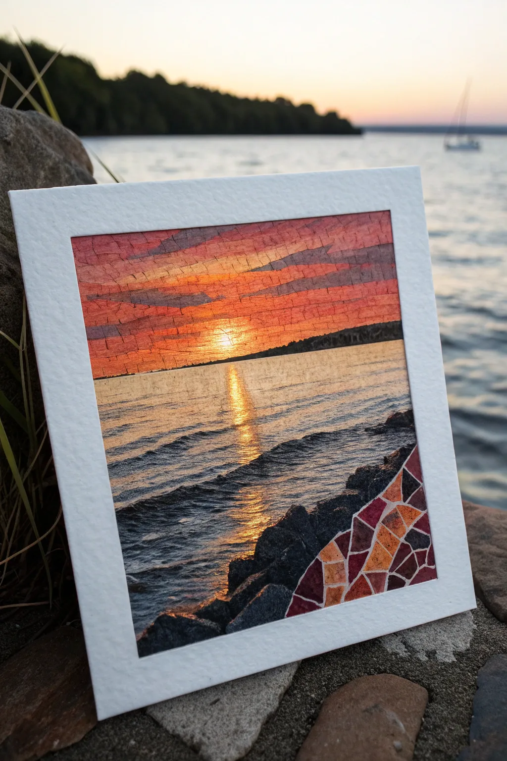 High-contrast mosaic sunset over water, warm color-block tiles in a clean minimalist style.