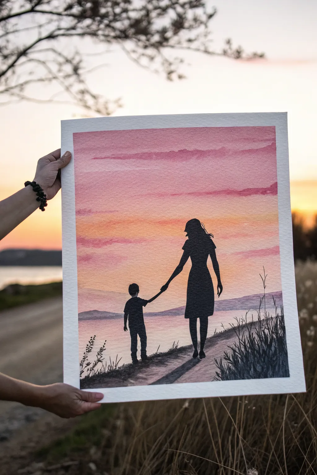 Simple silhouette of mother and son against a warm sunset wash, iconic and easy to recreate