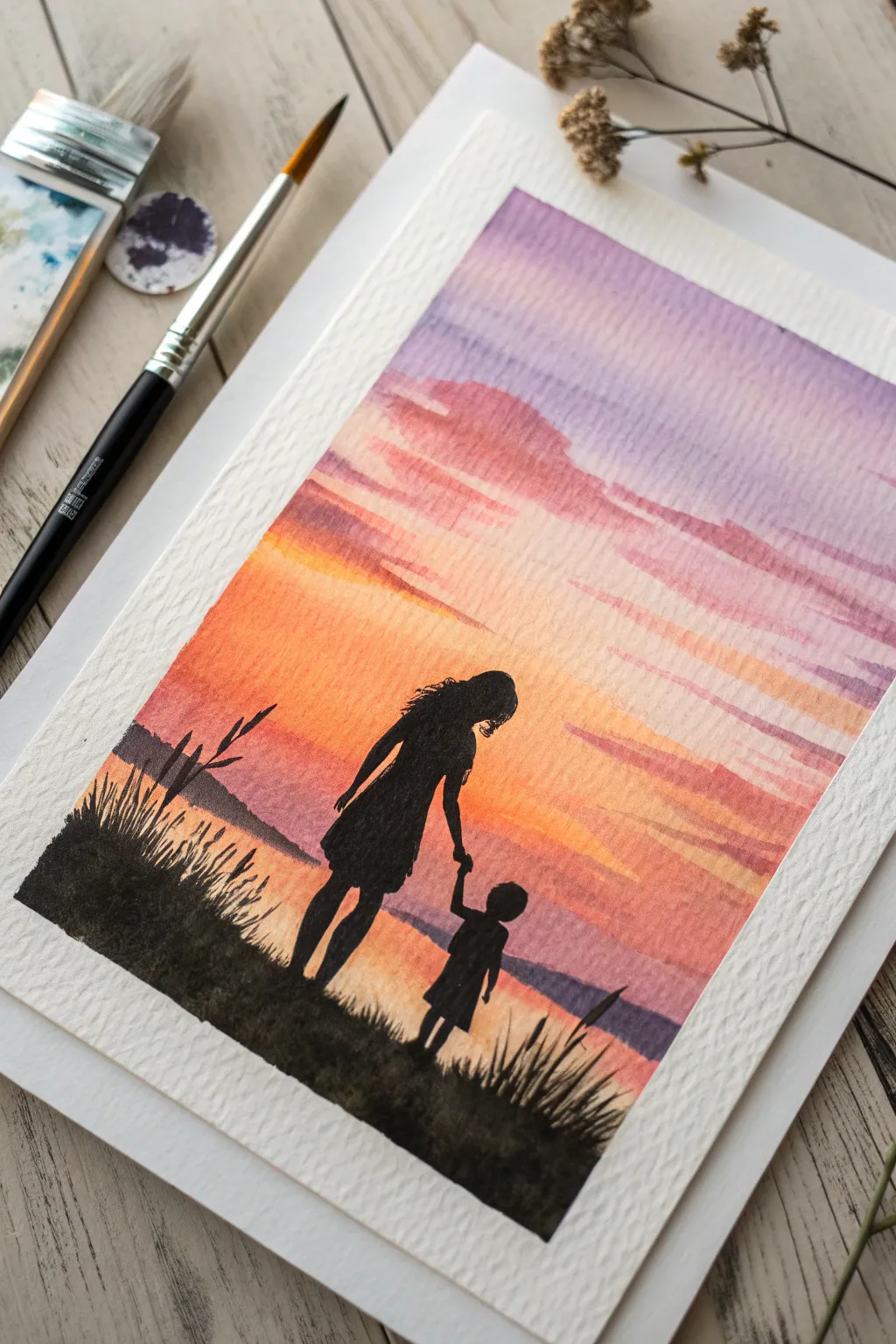 Minimal Mothers Day art: mother and child silhouette set against a warm sunset sky wash