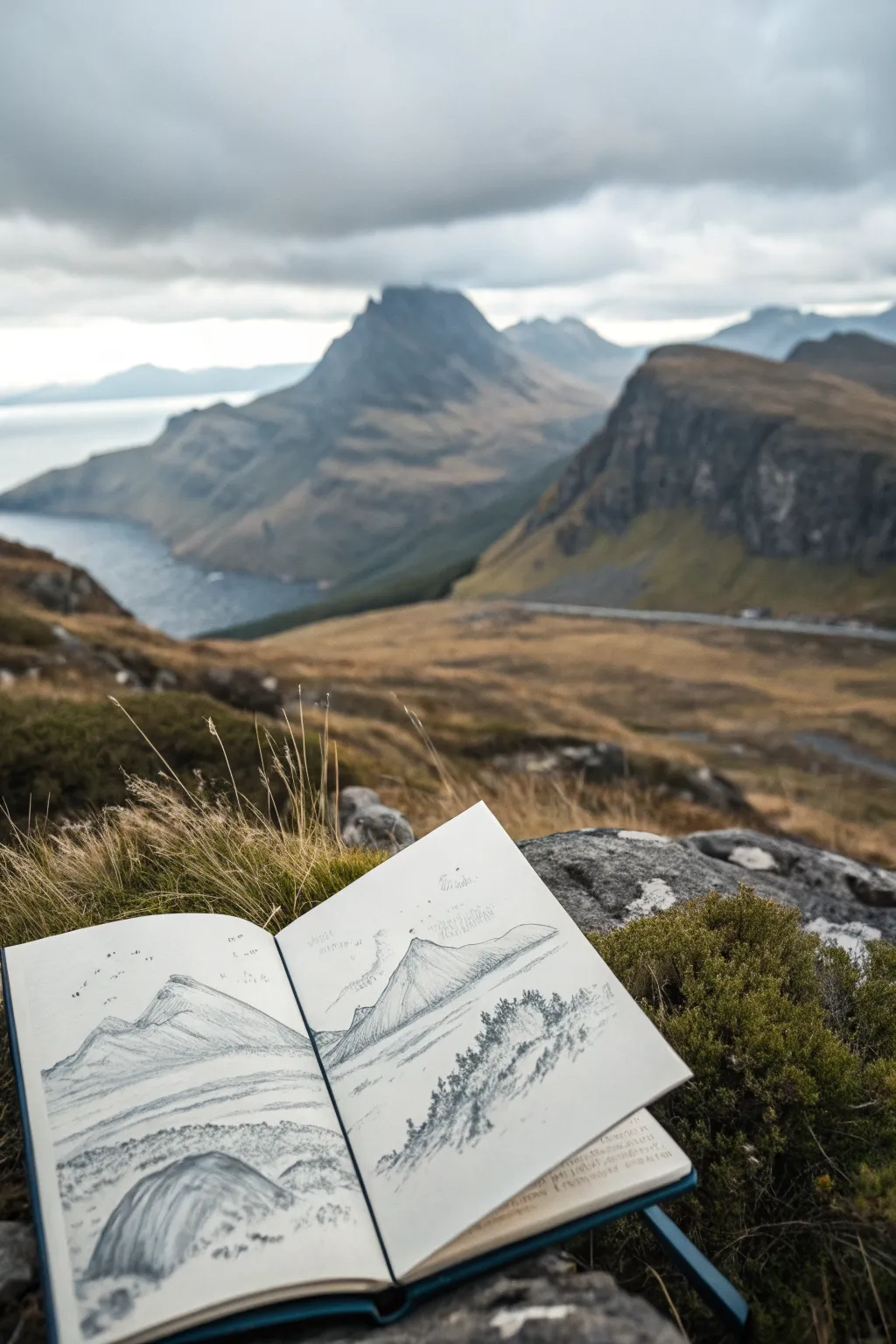Atmospheric layered mountain ridges, darkest foreground to misty distance in minimalist style.