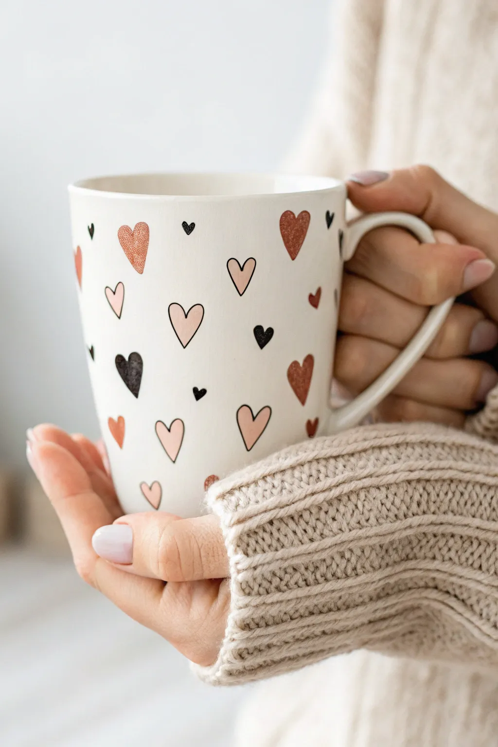 Cozy white mug with scattered tiny hearts, minimalist Scandinavian vibe with a warm boho touch.