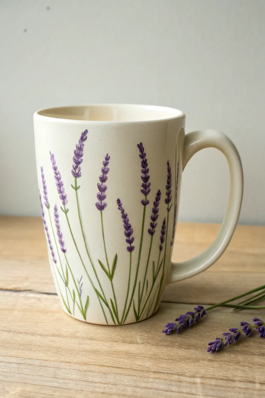 Calm mug painting idea: simple vertical lavender sprigs with tidy green stems and purple dabs