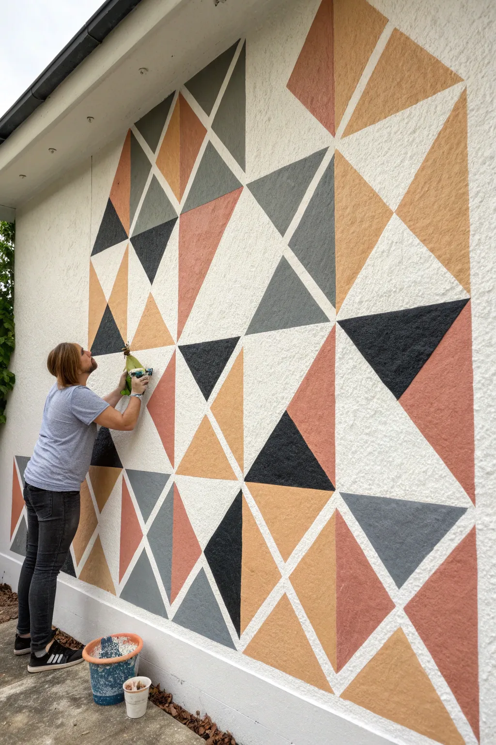 Geometric grid mural process shot with painter’s tape and pencil guides in a soft boho palette