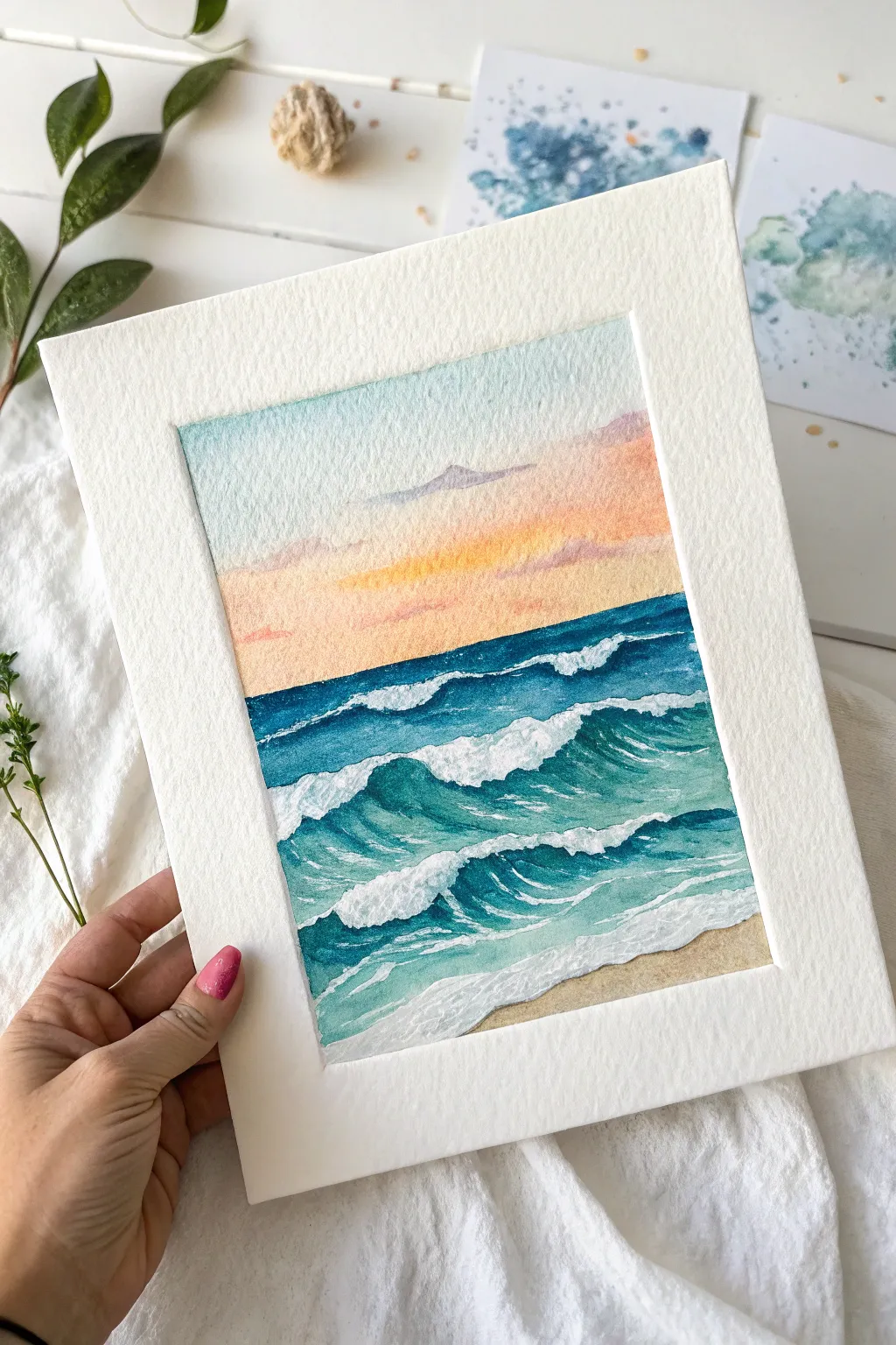 Minimal ocean wave seascape with warm horizon glow and crisp highlights for calm contrast