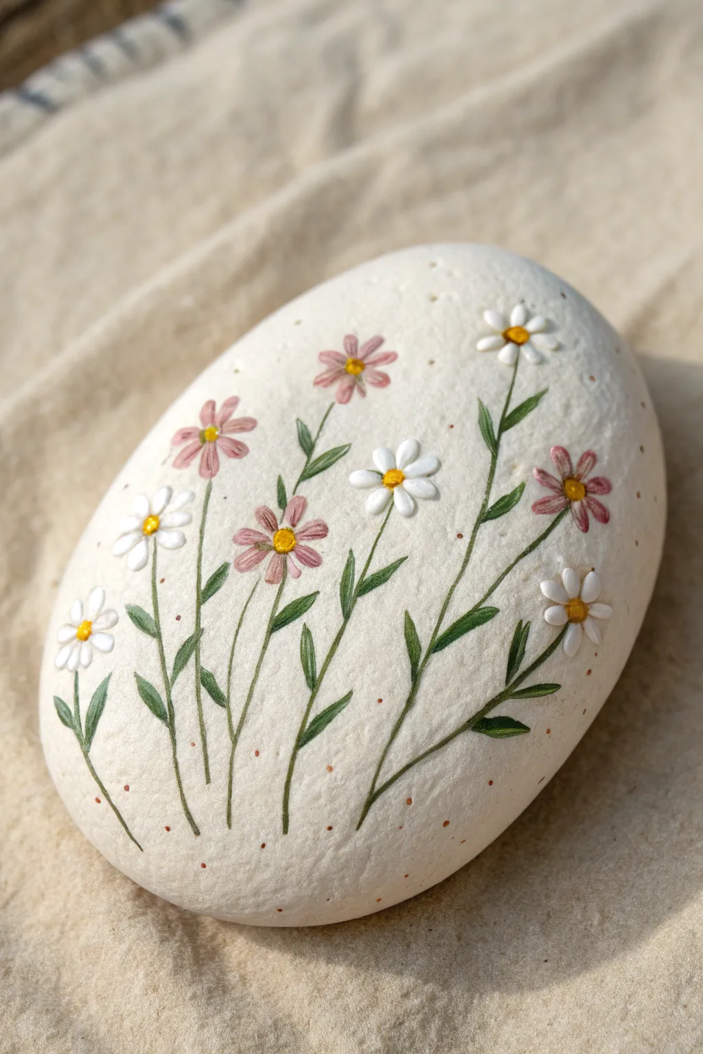 Mini wildflower meadow rock painting in soft boho colors, simple and airy on linen