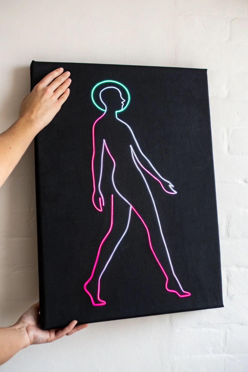 Single-line neon silhouette glowing on black canvas, minimalist, high-contrast, handcrafted look