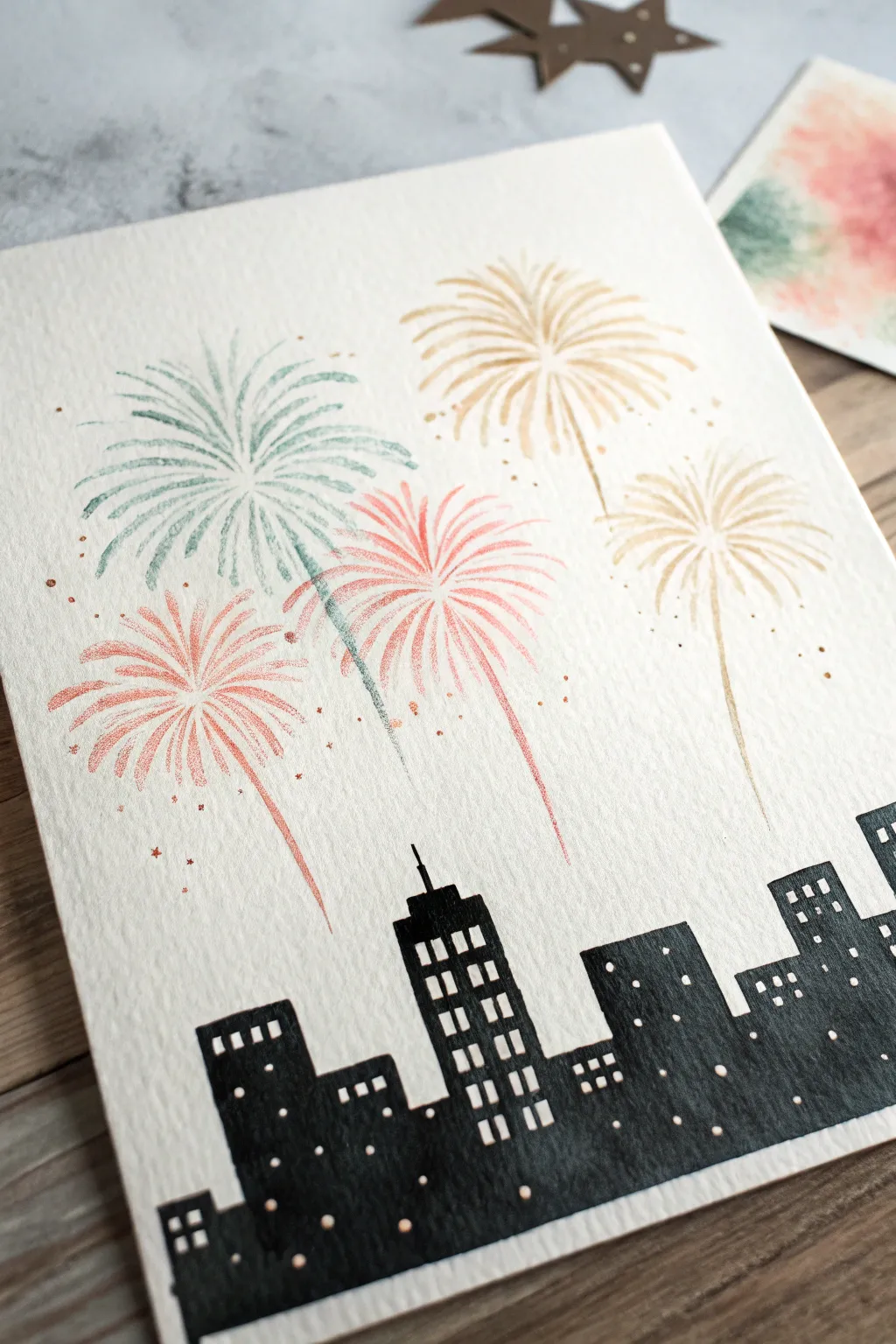 Minimal city skyline silhouette with pastel fireworks for an easy, elegant New Year painting idea
