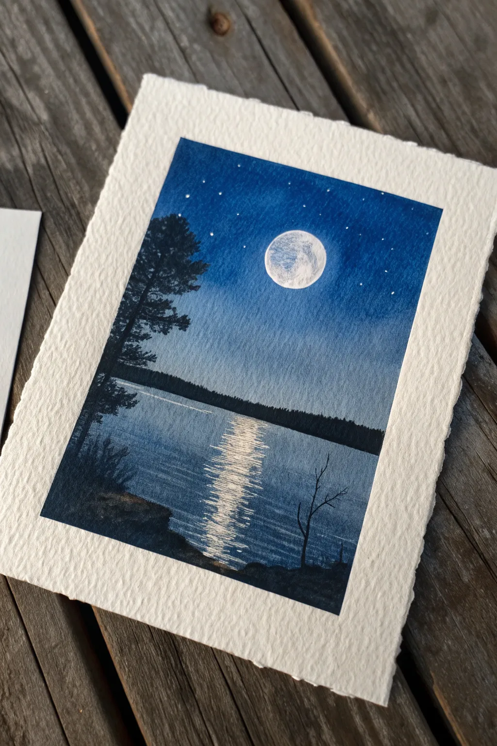 Minimalist moon and lake reflection study in indigo washes, perfect for night sky sketching