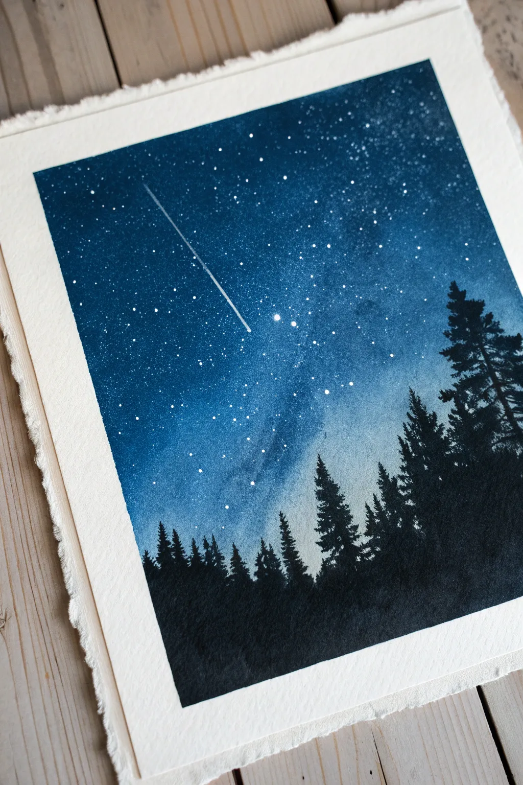Minimal night sky painting: a single shooting star glowing above a quiet forest silhouette.