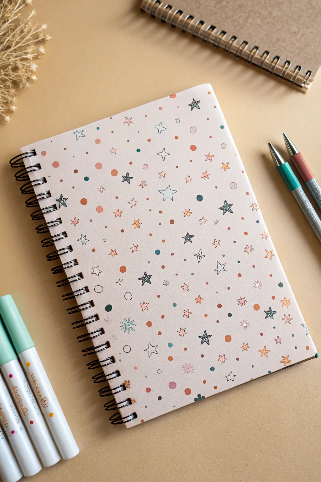All-over polka dots and tiny stars for a cheerful notebook cover, minimal with boho charm.