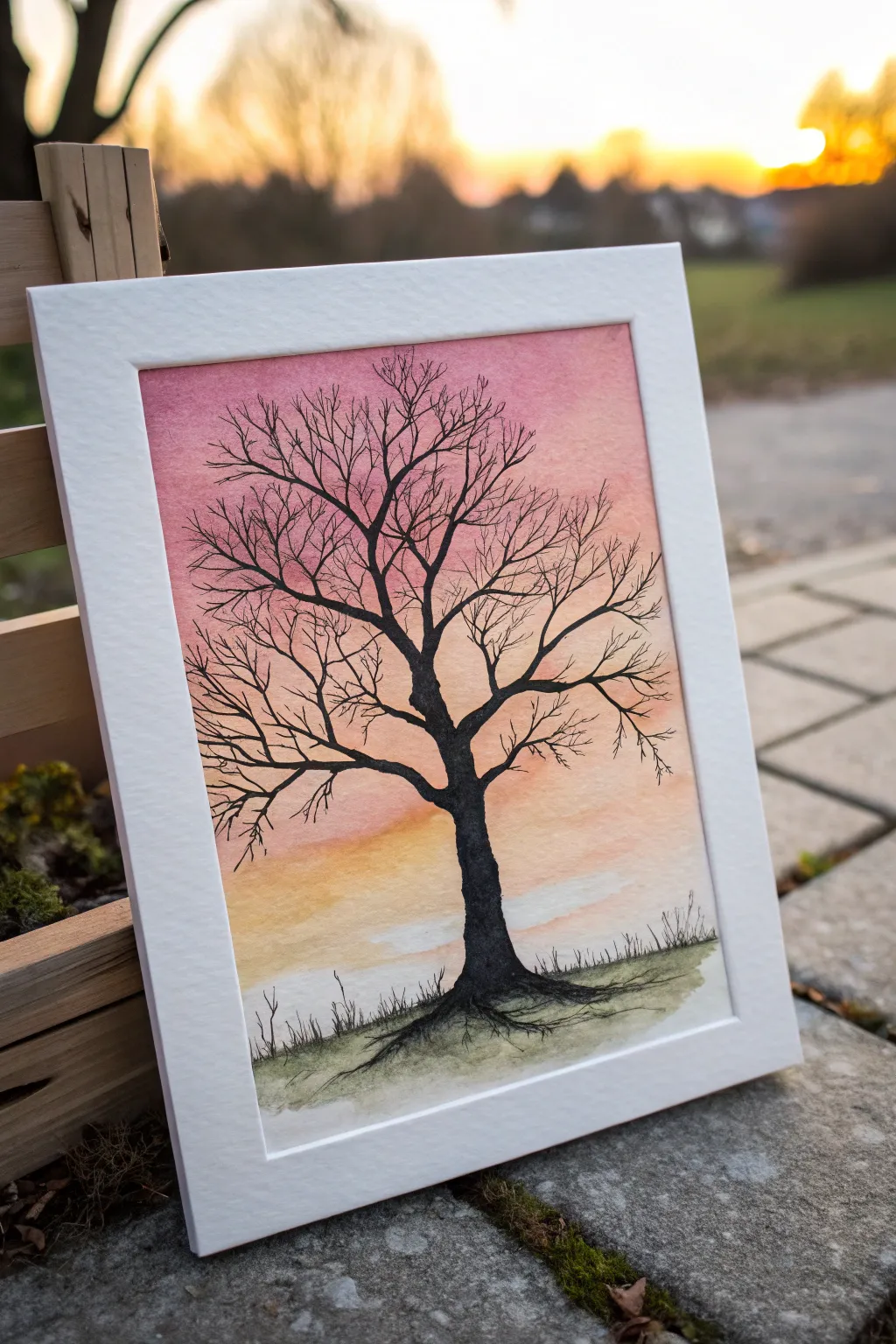 Bare tree silhouette in bold black against a glowing November sunset gradient, calm and minimalist