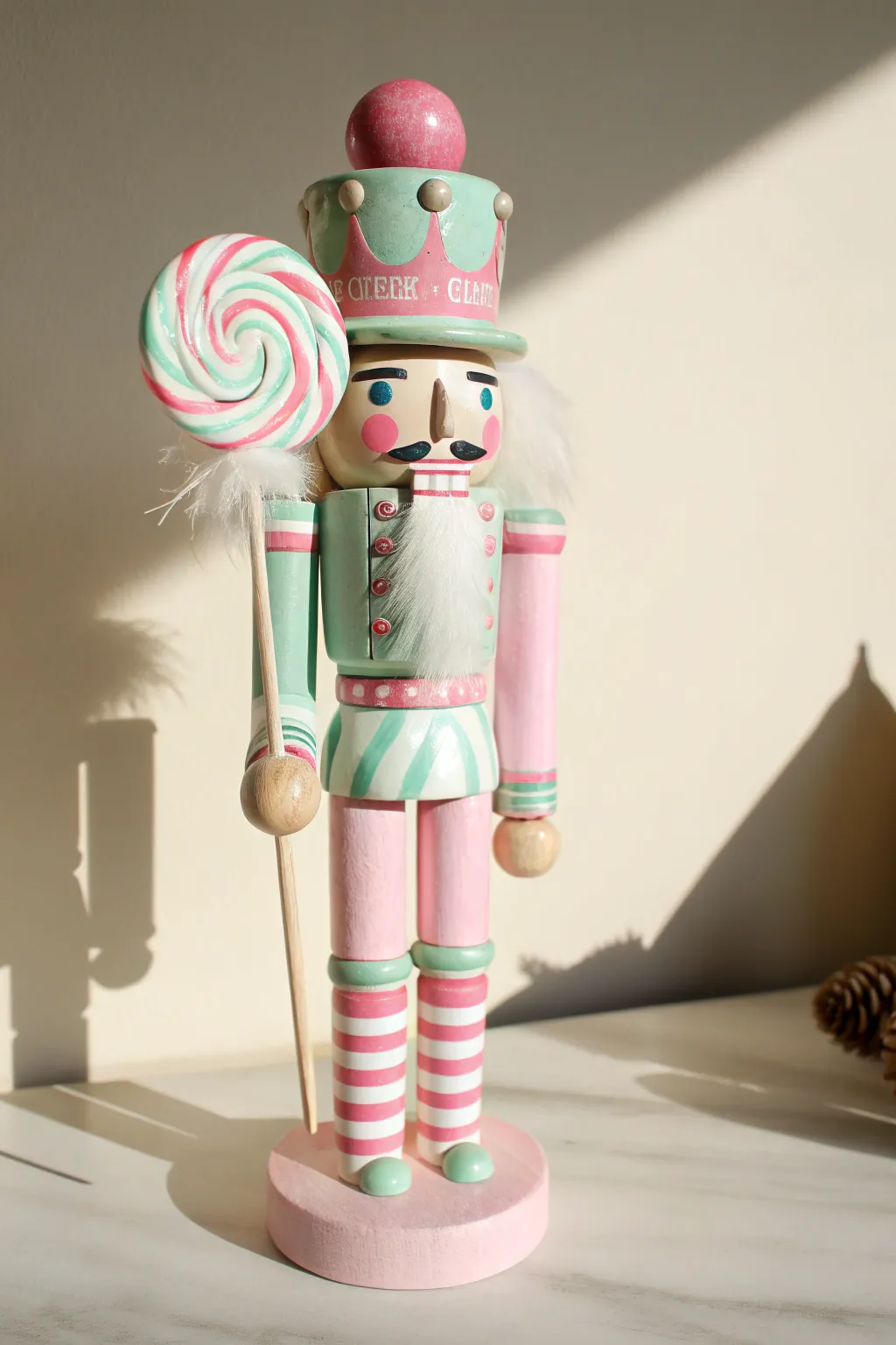 Create a sweet holiday look with this whimsical pastel nutcracker painting idea featuring a tiny lollipop.