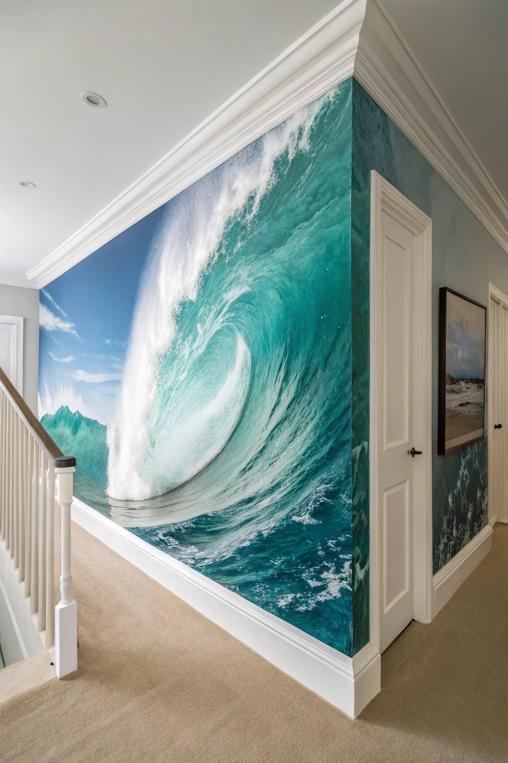 Dramatic ocean wave feature wall in layered blues and foamy whites, Scandinavian minimal mood.