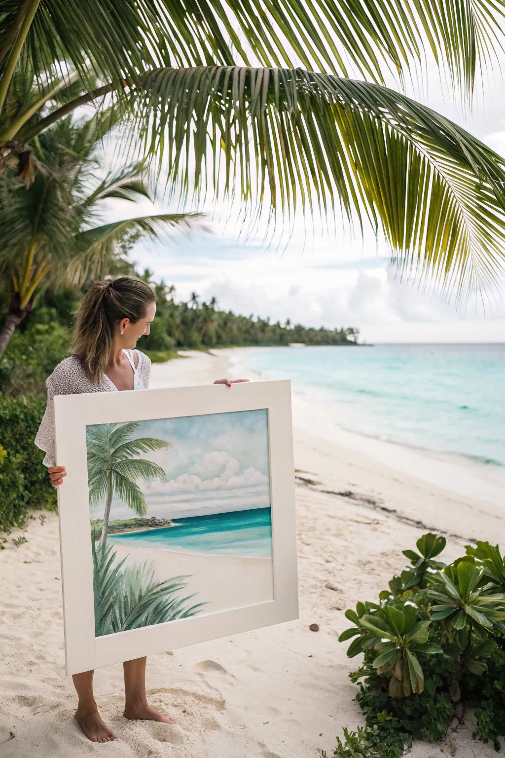 Calm tropical ocean scene framed by bold palm fronds for a minimalist, boho-inspired painting idea