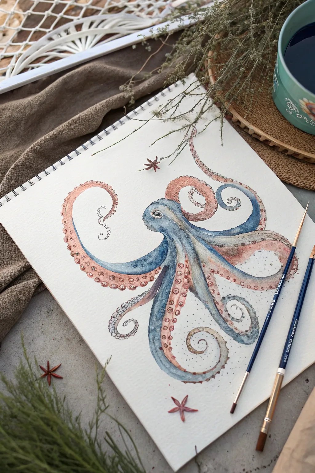 Close-up octopus tentacles study with ringed suckers and soft shadows, minimal and elegant.