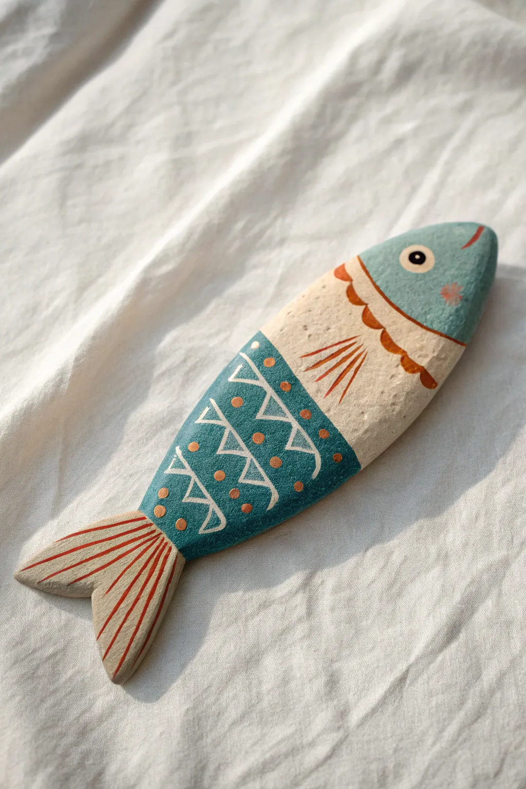 Pointy pebble fish with simple fin strokes and a calm coastal palette for easy rock painting.