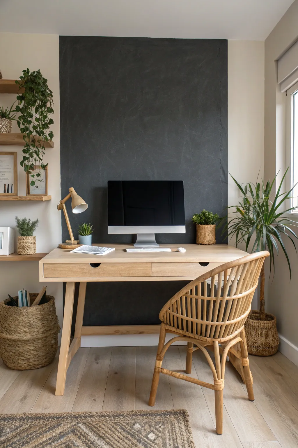 Charcoal accent wall with light neutrals for a calm, modern office look with intentional contrast