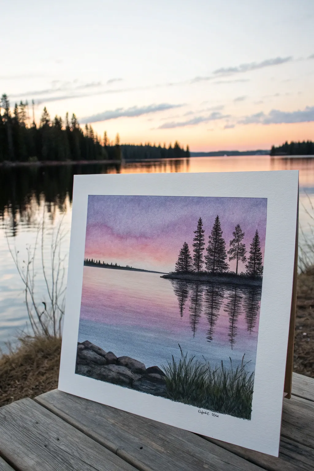 Minimalist oil pastel lake at twilight, crisp pine silhouettes and a softly smudged reflection