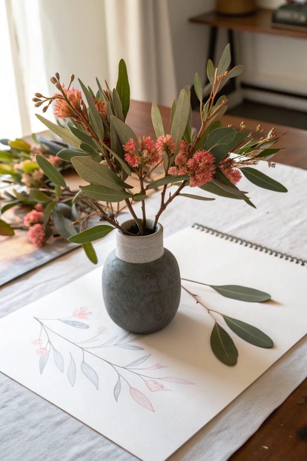 Simple flower vase still life in creamy oil pastels, bold blooms, soft shadows, minimal mood.
