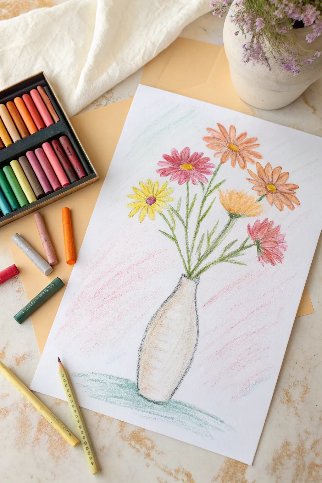 Simple oil pastel bouquet in a vase with bold strokes, soft blended background, and modern calm.
