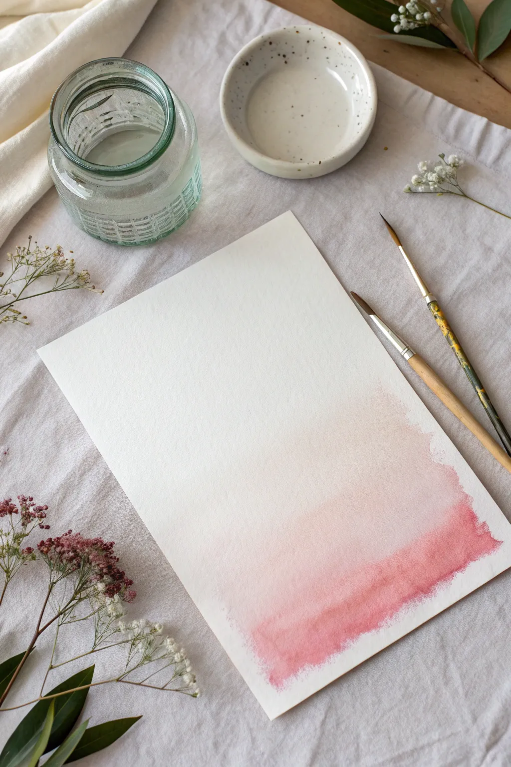 Soft blush watercolor ombre wash with delicate blooms, minimal styling, and natural light contrast