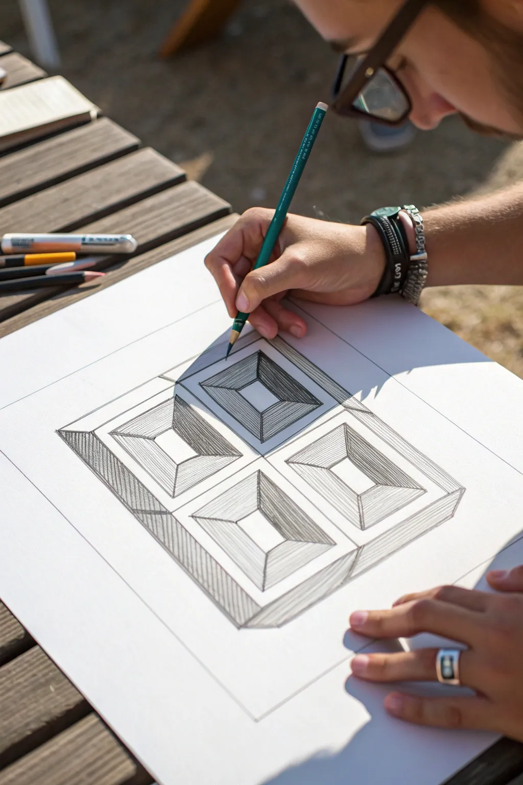 Minimal impossible cube sketch with crisp lines and soft shading for a striking optical illusion