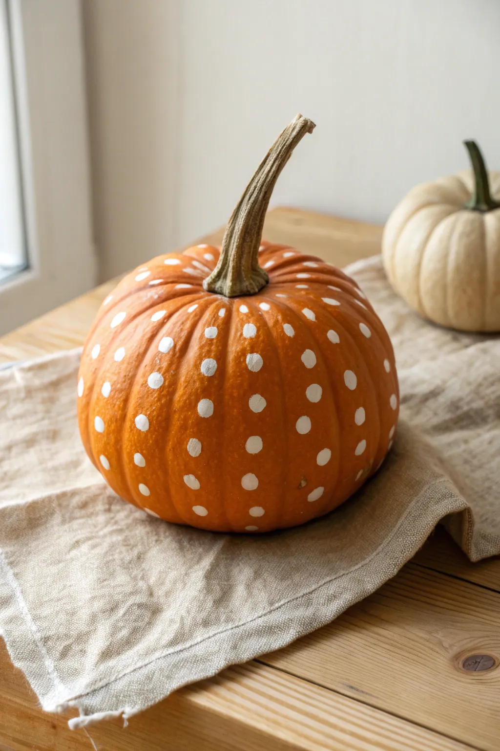 Bold white polka dots on an orange pumpkin for an easy, modern fall painting idea.