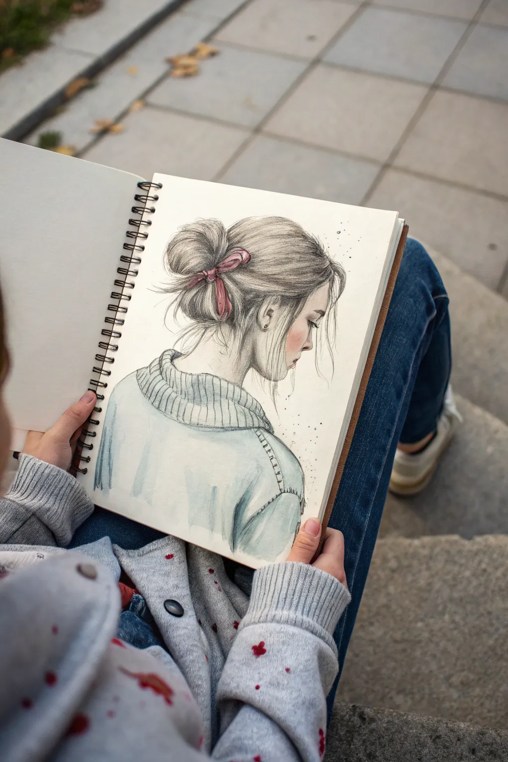 Back-view portrait idea with subtle story clues in hair ribbon, charms, and paint-smudged sleeves