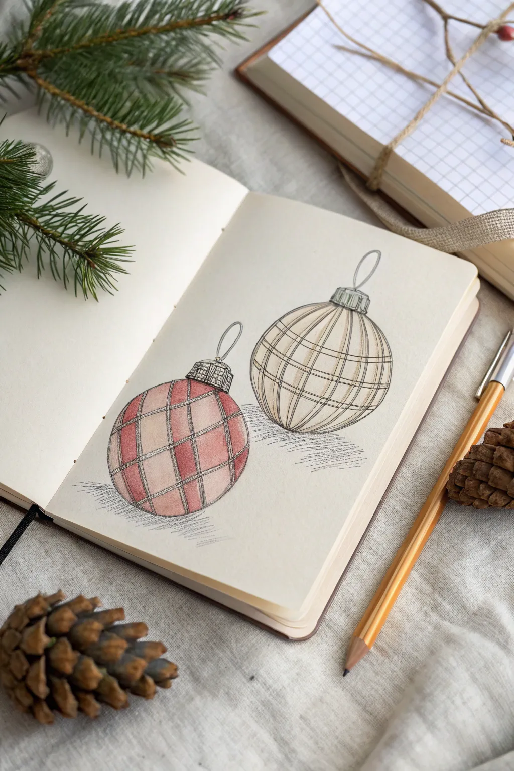 Cozy plaid and crosshatch ornament sketches in warm neutrals, Scandinavian minimal with boho touch
