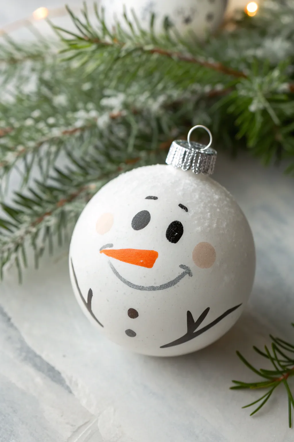 Minimal snowman face ornament with soft shading, styled with water cup and paint towel
