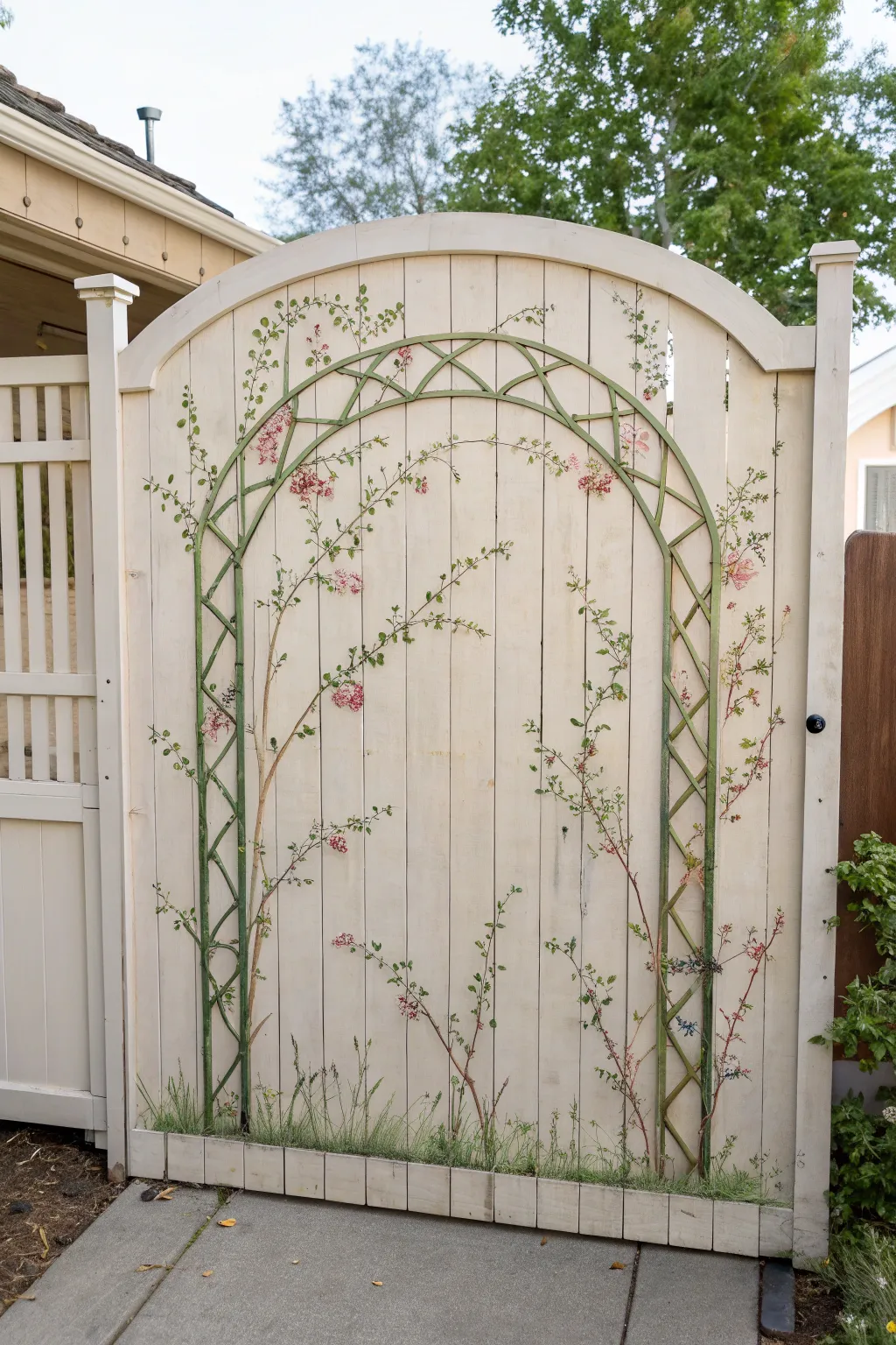 Minimal fence mural with climbing vines and a sketched arbor, blending into real greenery.