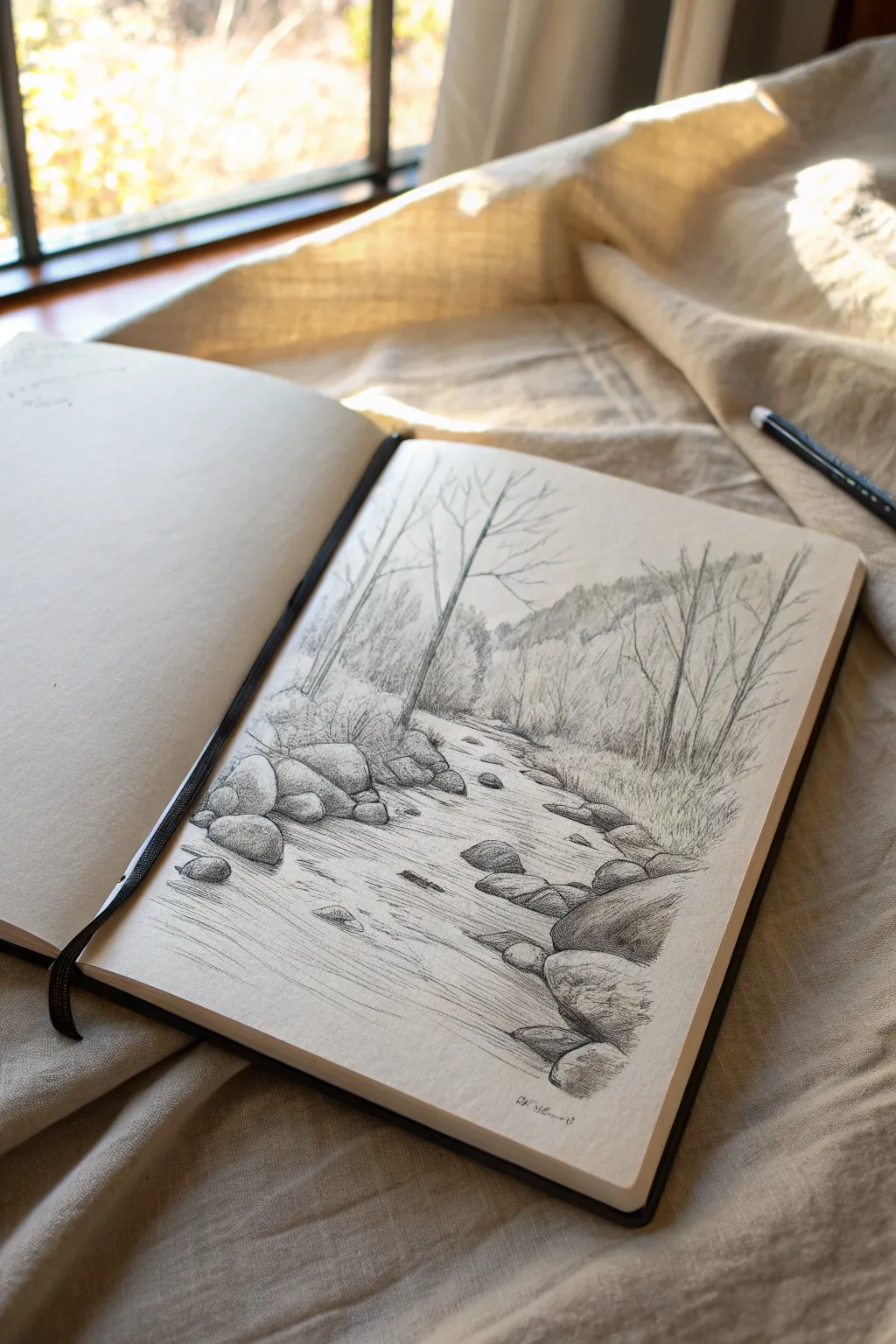 Minimal sketchbook study of forest stream rocks, with simple current lines and calm Nordic tones