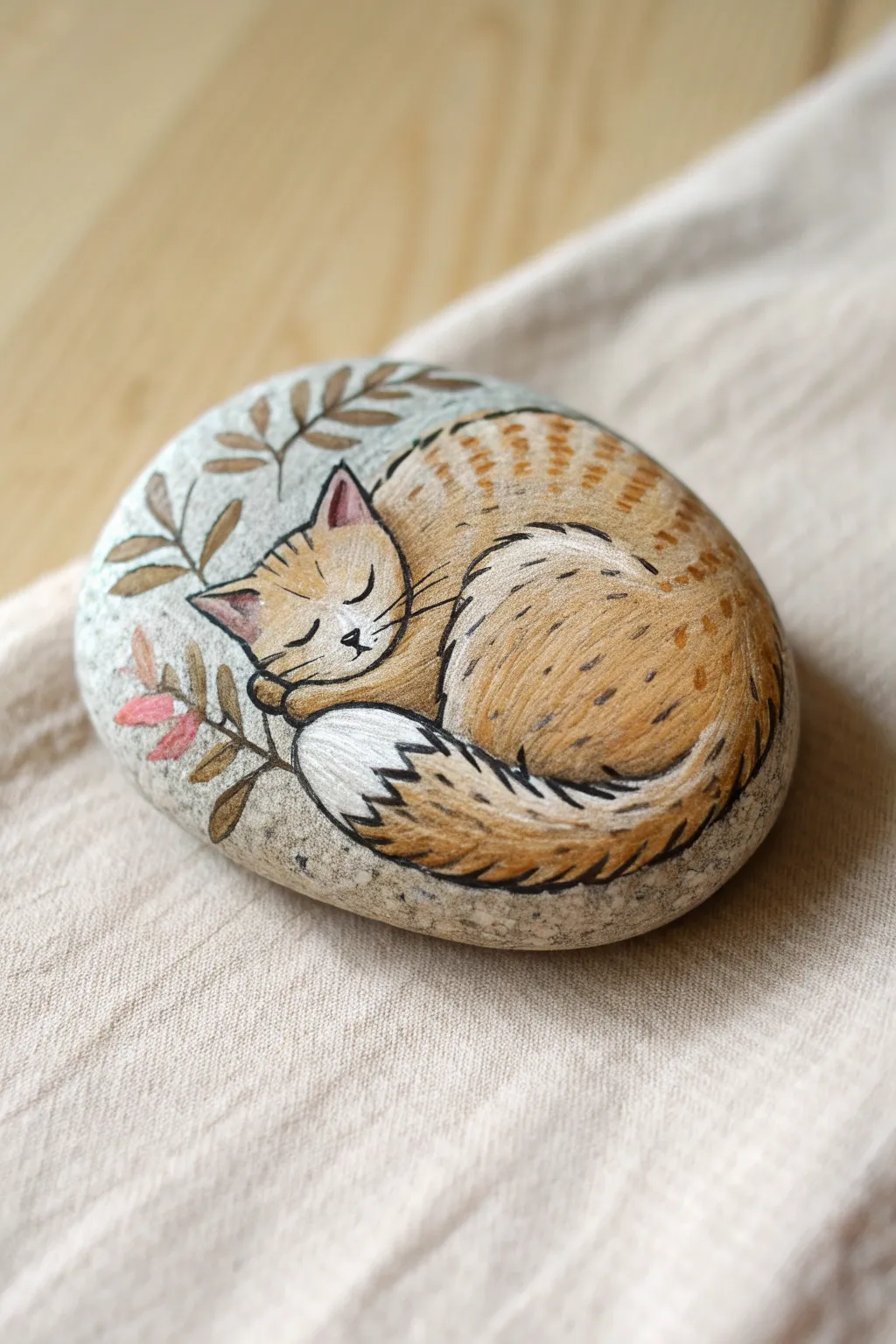 Paint an oval rock into a sleepy curled cat, cozy tones and soft shadow for gentle depth.
