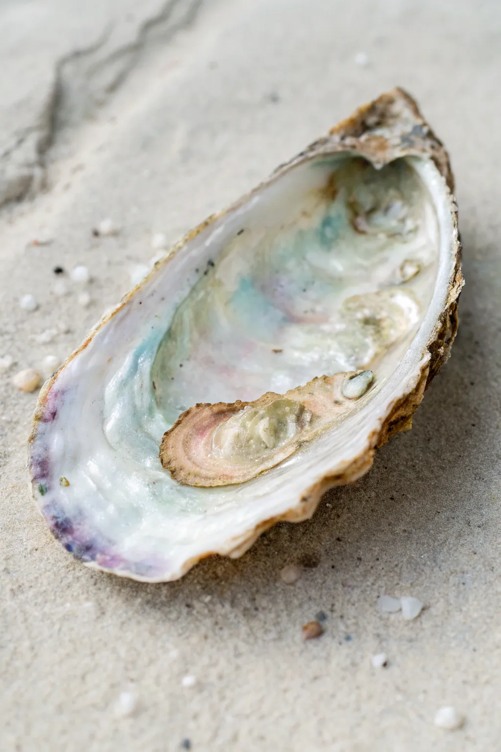 Mother-of-pearl oyster layers in cream, lilac, and seafoam for a luminous minimalist finish