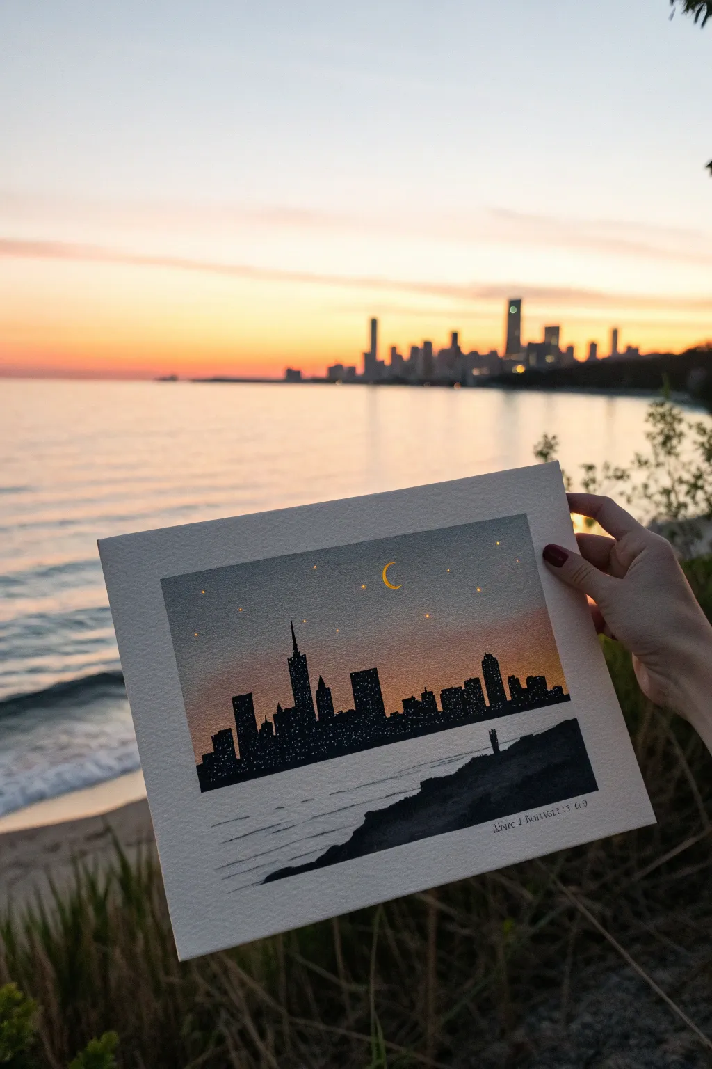 Simple city skyline silhouette over a warm sunset gradient, an easy golden hour paint and sip idea.