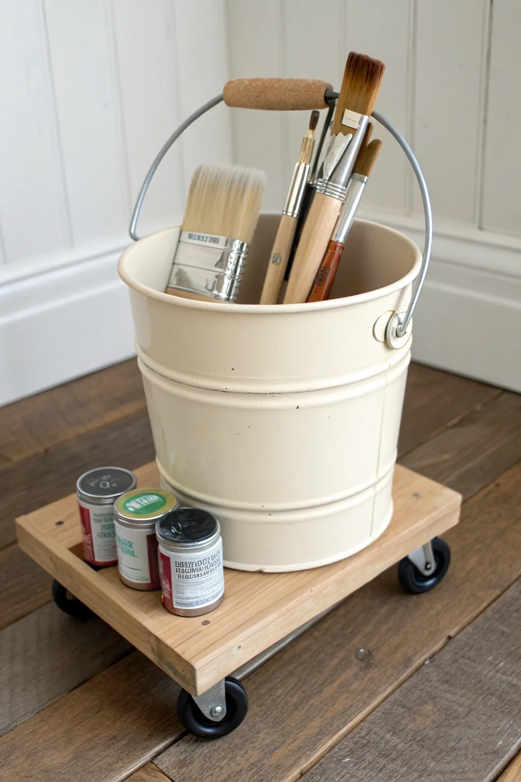 Rolling paint bucket caddy on casters, styled with brushes and sketchbooks for a calm studio vibe.