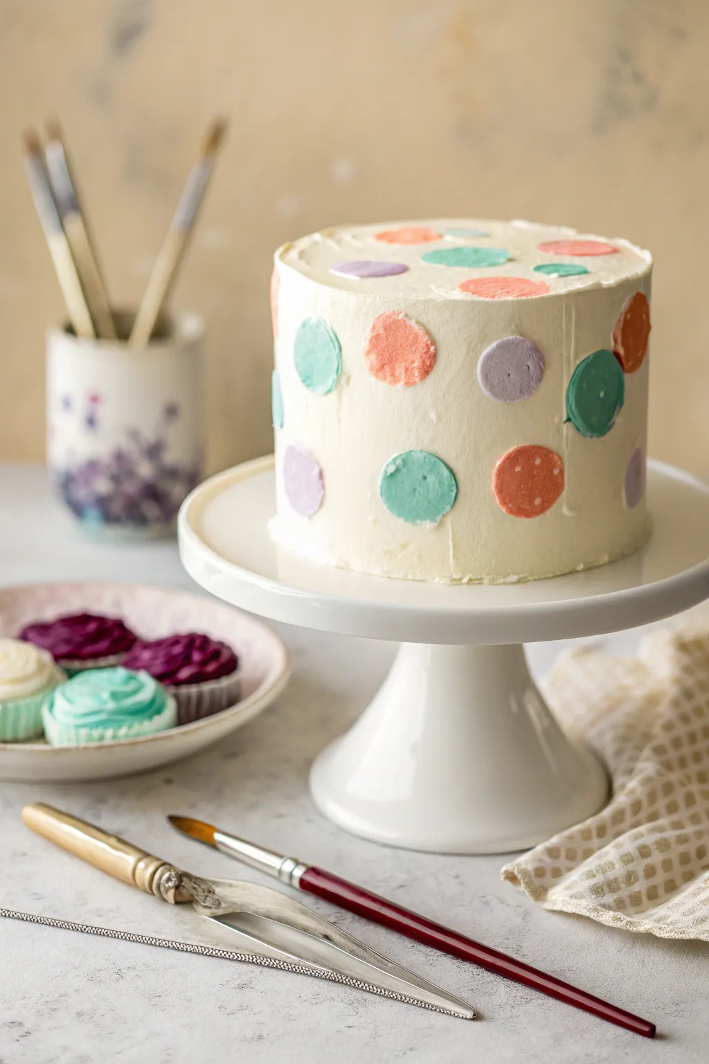 Edible painter palette topper with colorful frosting blobs for a chic studio inspired cake
