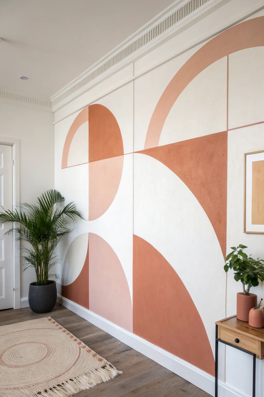 Soft geometric paint blocks in blush and clay for a calm Scandinavian-modern feature wall.