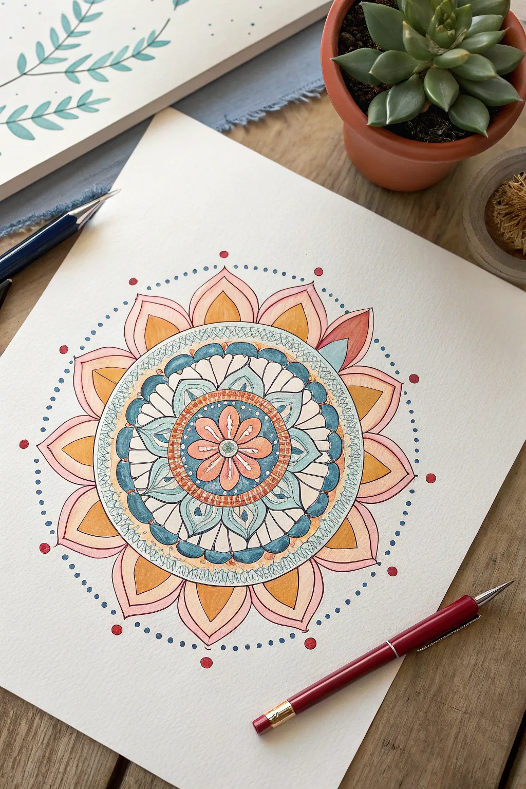 Clean symmetrical mandala circles in paint marker bands, minimalist Scandinavian boho mood