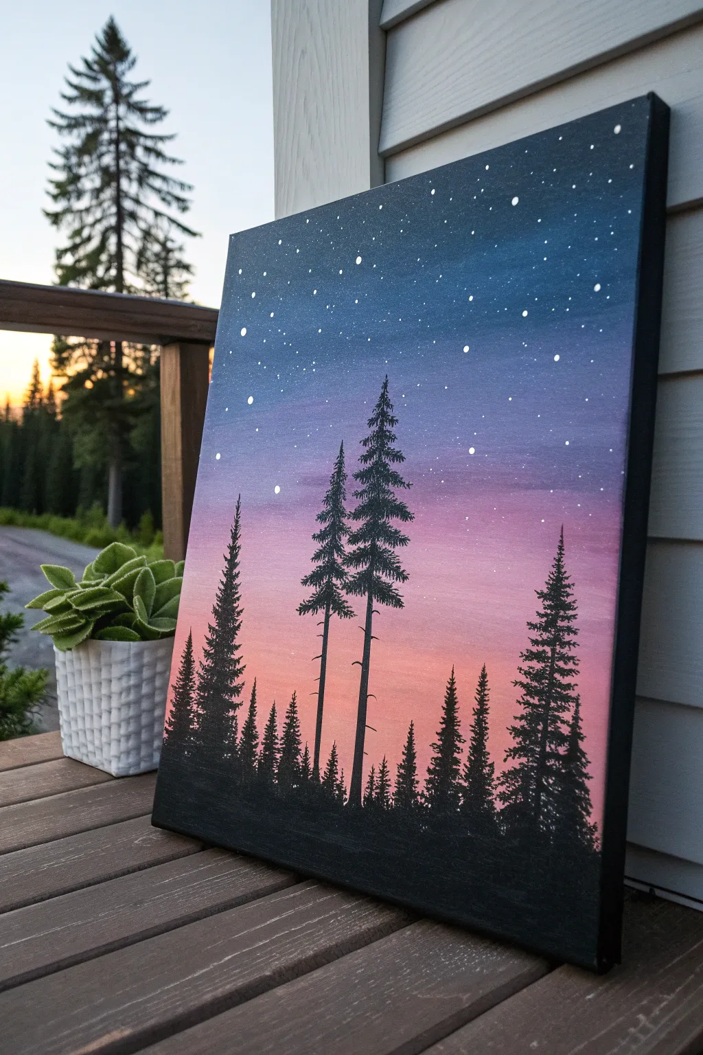 Moody twilight gradient with bold pine silhouettes, a minimalist paint night idea with big impact