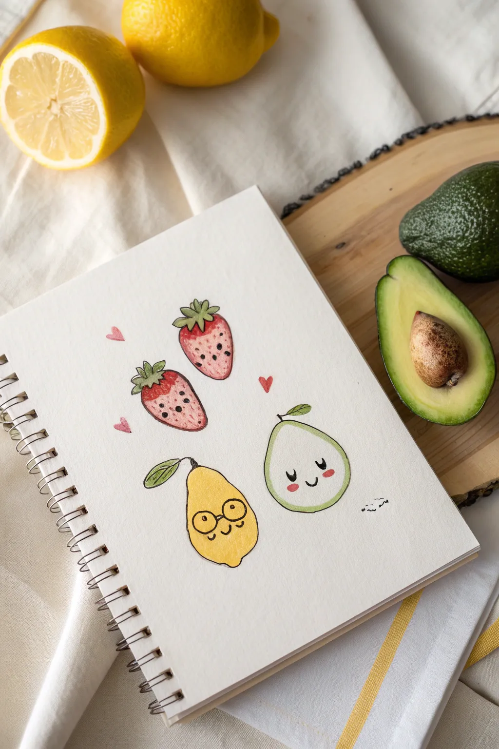 Cute paint pen fruit characters with rosy cheeks and clean highlights on a minimalist sketchbook page