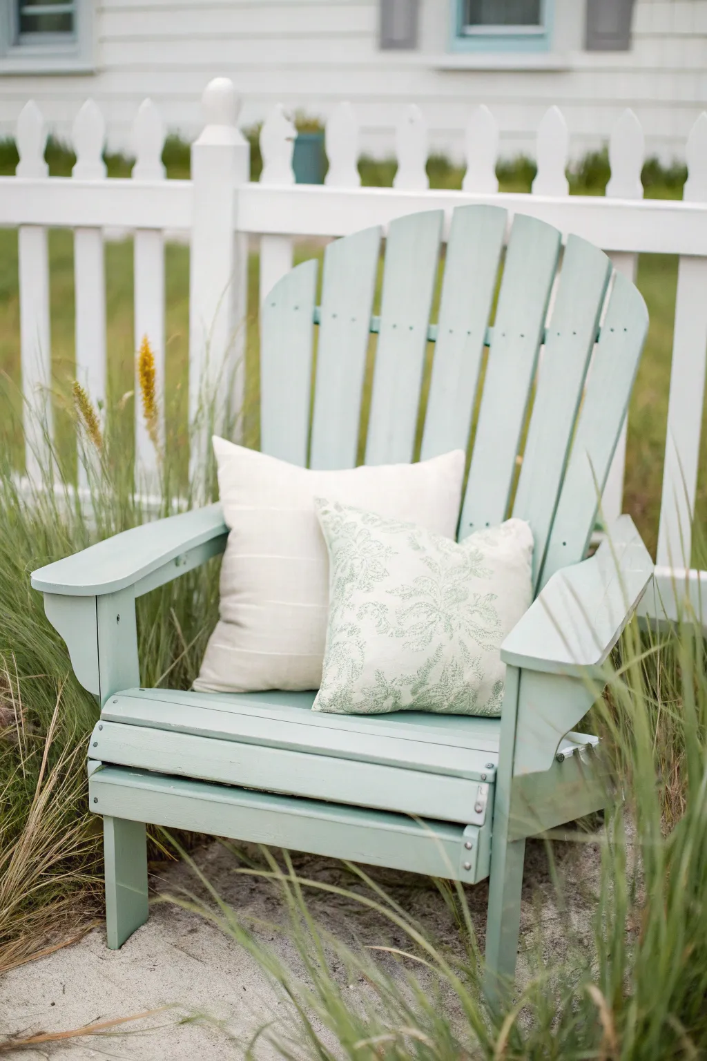 Soft pastel Adirondack charm: calm cottage color, clean lines, and sunlit greenery.