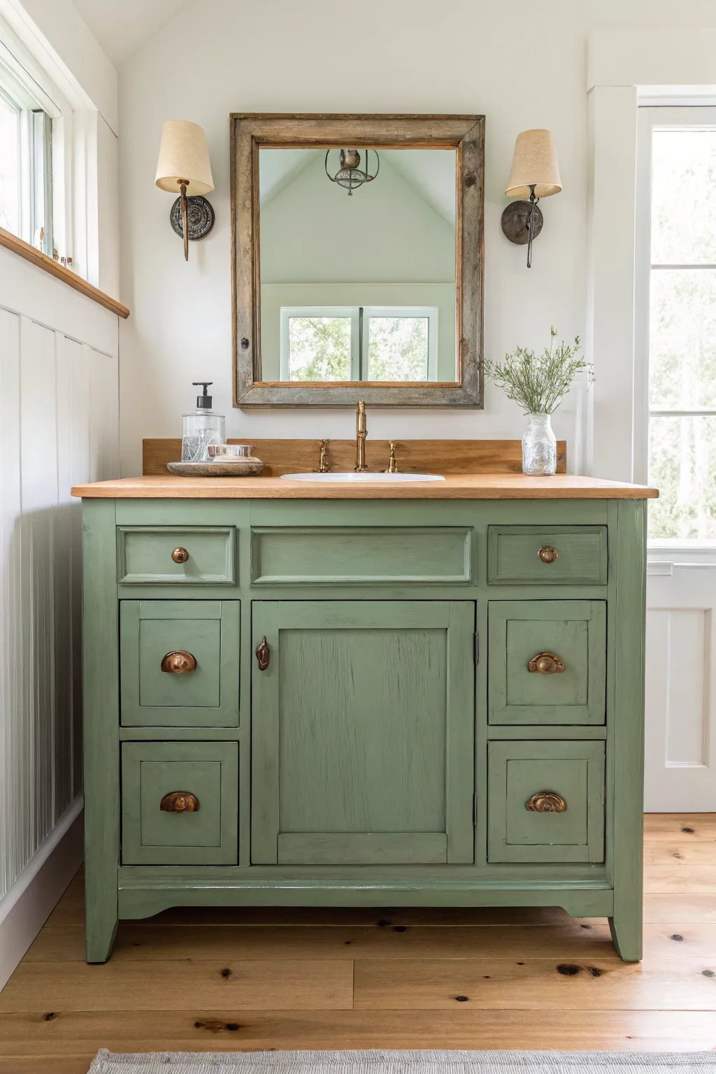 Two-tone antique vanity with a matte sage base and warm natural wood top for crisp contrast