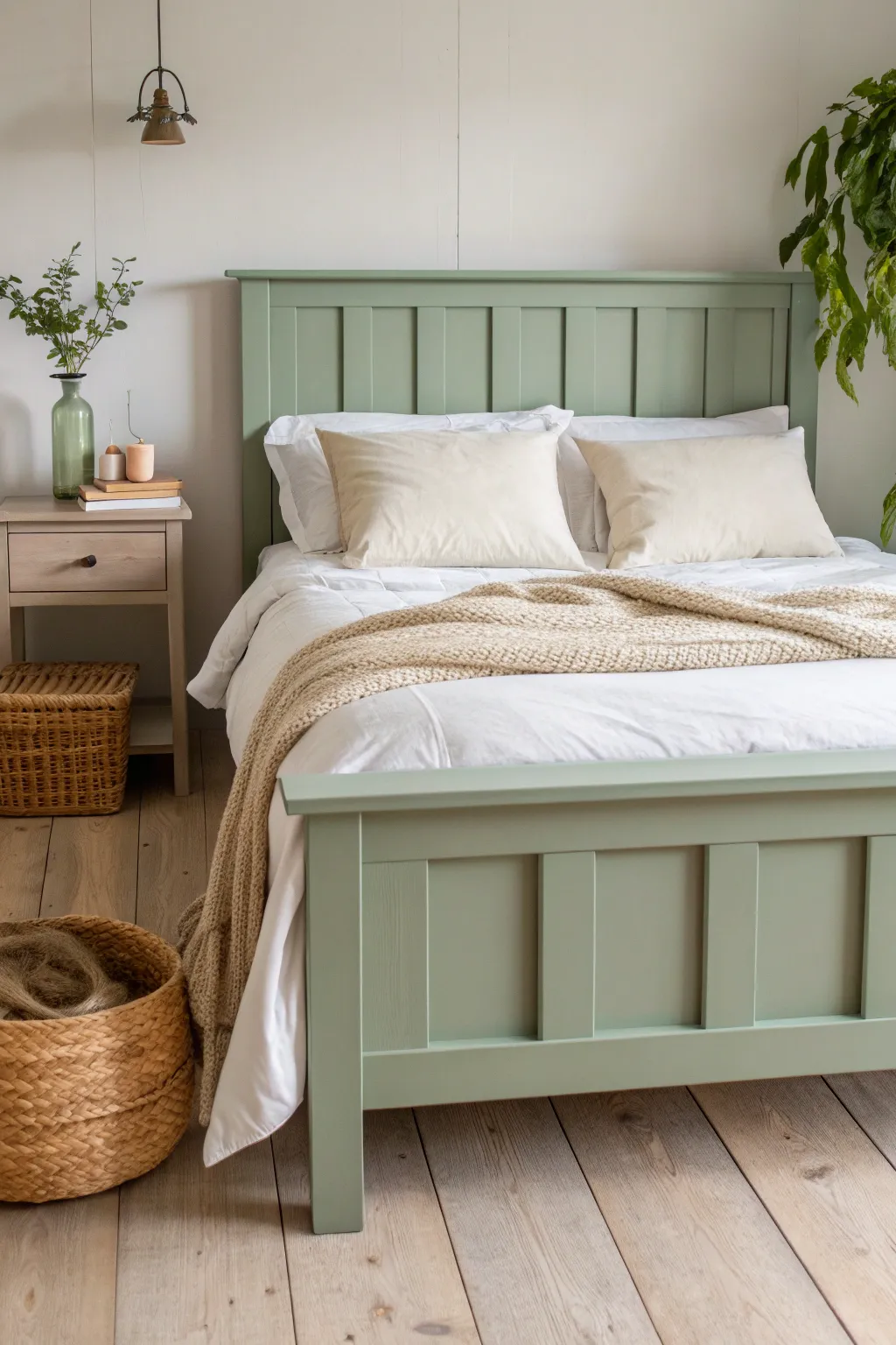 Sage-painted bed with linen and natural textures for a calm, minimalist boho retreat.