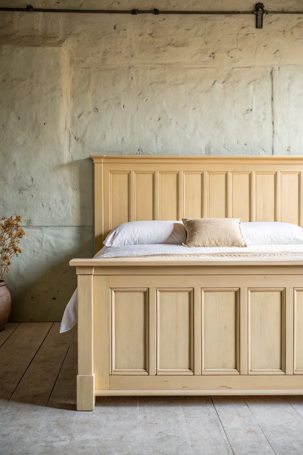 Tone on tone painted bed frame in creamy beige, blending into wall for a calm seamless bedroom look.