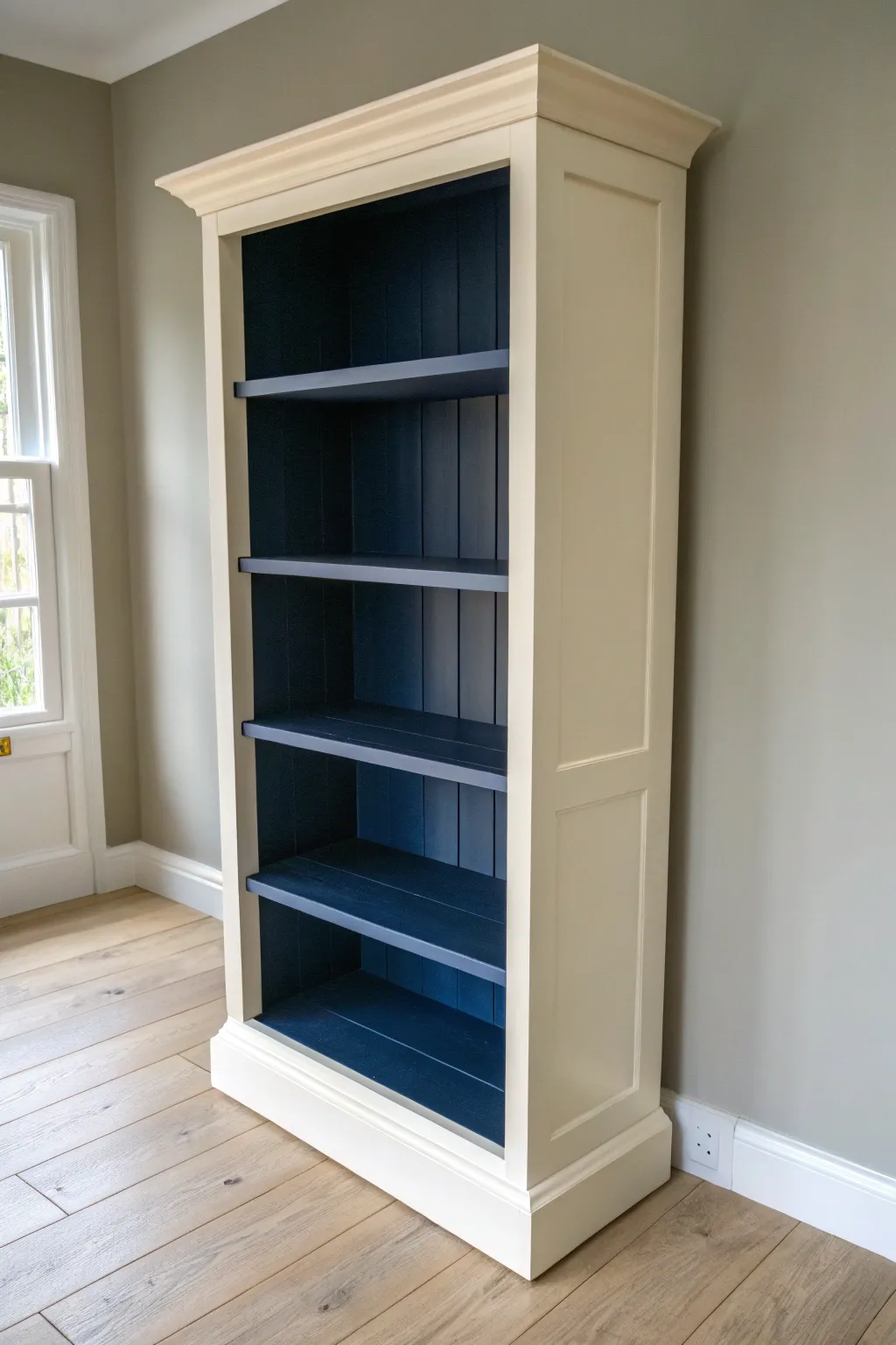 Pale exterior, inky interior: a dramatic painted bookcase contrast for a gallery-like shelf look.